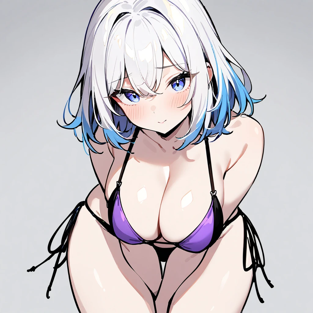 1 girl,Solo,medium hair,face focus,masterpiece, best quality, very aesthetic, absurdres,arms,face,hands,purple and blue,two tone color,v_arms,breasts,hand_between_legs,Bikini,Cleavage,medium hair,side-tie_bikini_bottom,no color Bikini,skin