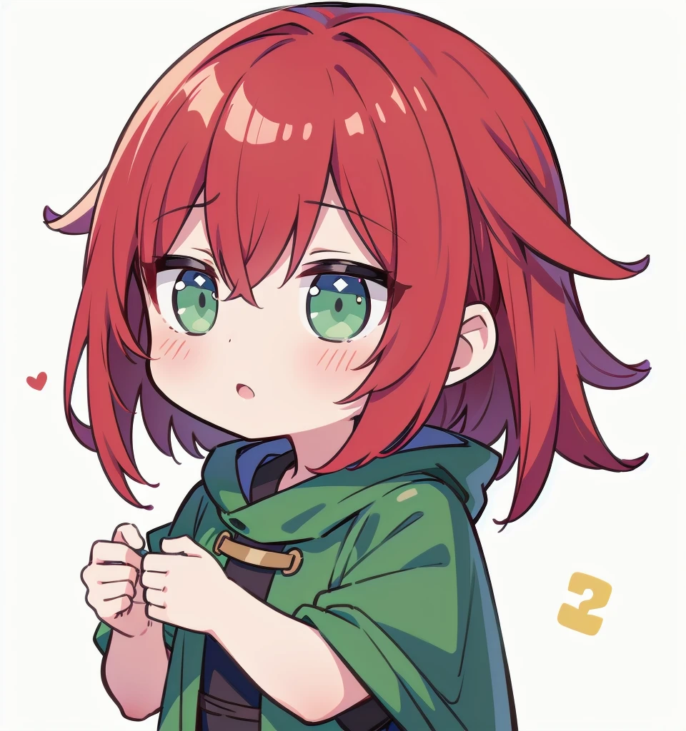 超A high resolution,(best quality,highres,masterpiece:1.2),1girl, red hair, blue cloak, green clothe, green eyes, warm color tones, Chibi, simple background, emoji, surprised, exclamation