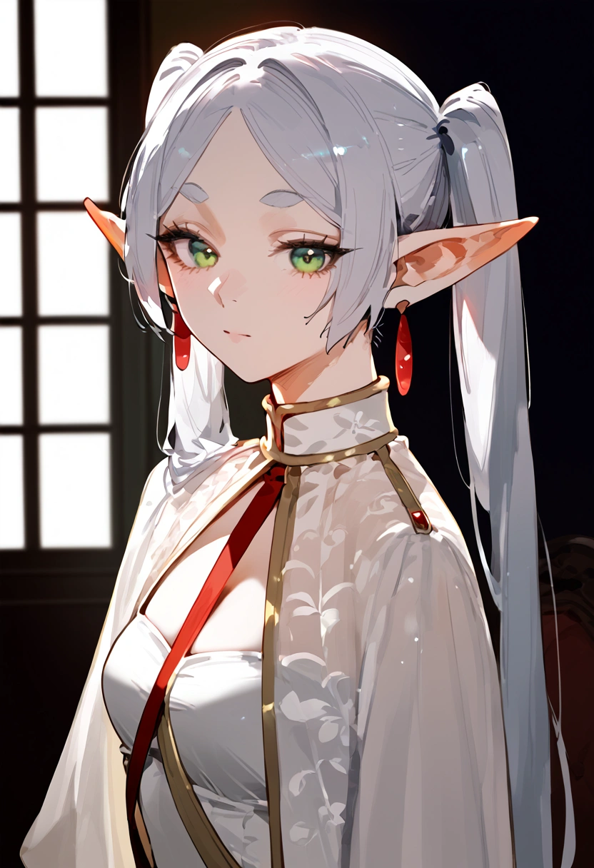 anime artwork, score_9, score_8_up, score_7_up, score_6_up, score_5_up, score_4_up,frieren, 1girl, green eyes, grey hair, twintails, pointy ears, eyebrows, earrings \\\\\\ \\\\\ ,