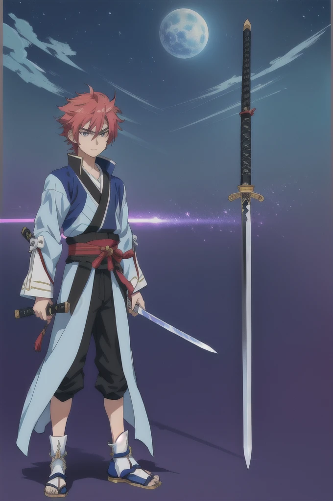 anime boy with sword and sword in hand standing in front of a space background, anime fencer, anime style character, swordsman, anime stylized, stylized anime, anime stile, epic anime style, samurai, in japanese anime style, katana in display