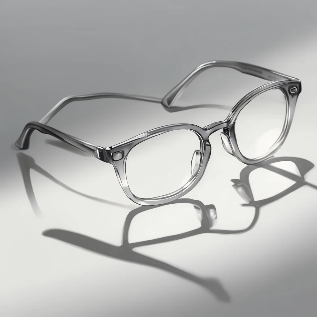 (detailed drawing) Eyeglass frames, gray tones, light and shadow, gray background, realistic, virtual.