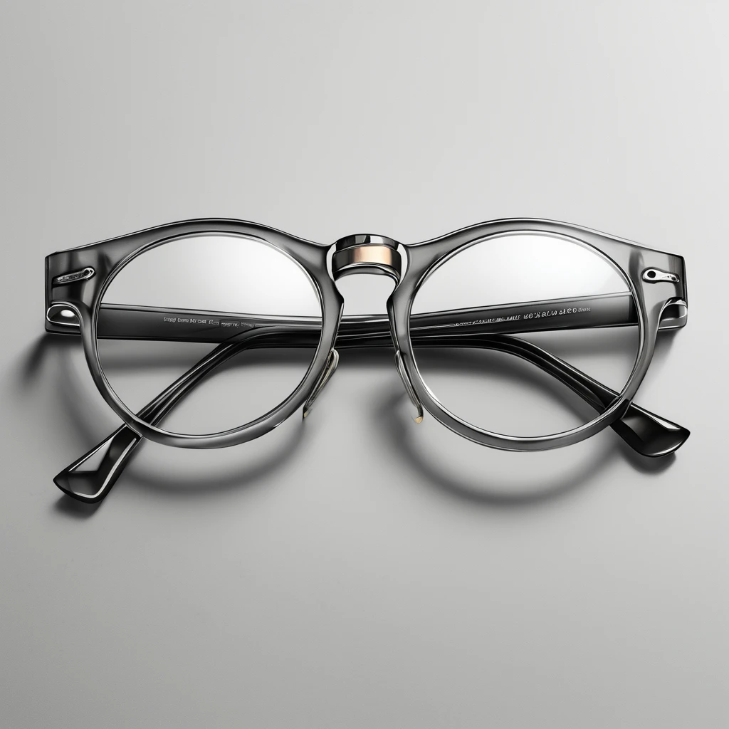 (detailed drawing) Eyeglass frames, gray tones, light and shadow, gray background, realistic, virtual.