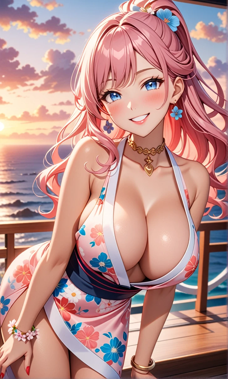 ultra-detailed, ((one girl)), (tan skin improved:1.2),  hyper detailed, absurdres, 8K, Beautiful Face, (Laugh shyly), ((teasing smile:1.8)), (tan skin:1.3),((Wink:1.7)), (Laugh with your mouth wide open),((Tilt your head:1.6)), View your viewers, ((Bright red cheeks:1.6)),Glossy Red Lips, ((Big Breasts:1.4)), ((show off breast:1.4)), (erect nipples), night, An observation deck overlooking the sea, (Brighten your face), ((Anime style background)),masterpiece, Highest quality, so beautiful,Latest, Complex details, (Pink long nails), (nail art), (ring),(bracelet), (Floral Choker),AI-generated, Complex,High resolution, Highest quality, super high quality,3D Images、3D Images,One person,Pastel pink long hair,(High Ponytail), (wavy hair:1.3), Pastel anime woman posing for a photo, ((Fine grain、blue eyes、glowing eyes:1.4)), (Squint your eyes:1.1),a hyperRealistic , hyperRealistic , Realistic,Anime woman with long pastel pink hair, Smooth anime CG art, A girl in a gorgeous pastel-colored kimono, ((undressing)), ((Pastel-colored furisode)),(Pink large floral pattern) ,Long flower hair ornament,Floral Earrings,Mature Body, tall,Narrow waist, ((leaning forward:1.3)), (front view),