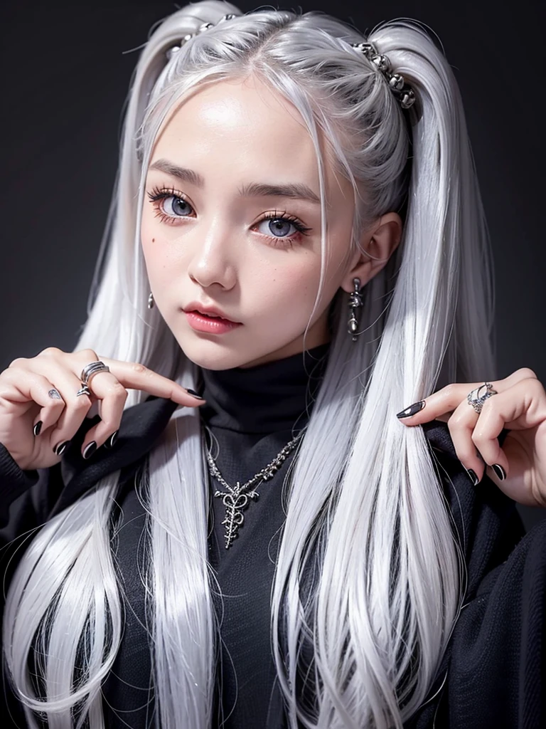 a beautiful girl with long silver twin tails, wearing a vintage gothic hoodie, looking up with a cute expression, high quality detailed jewelry including necklace, rings, bracelets, and earrings, extremely detailed facial features, intricate and stylish pose, photorealistic, 8k, masterpiece