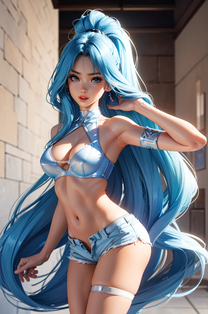(best quality: 1.2), clean face, (masterpiece: 1.2, 8k) perfect anatomy, 1girl,a beautiful fashion model ,(masterpiece, official art, best quality ,long and shiny hair, blue hair with streaks in hair, long hair, full lips, slender body, slim body big breasts, looking at viewer, revealing outfit, absurdity, intricate details, dynamic pose, club, , wearing short shorts and a tight white top, cleavage, torn clothes, thong straps