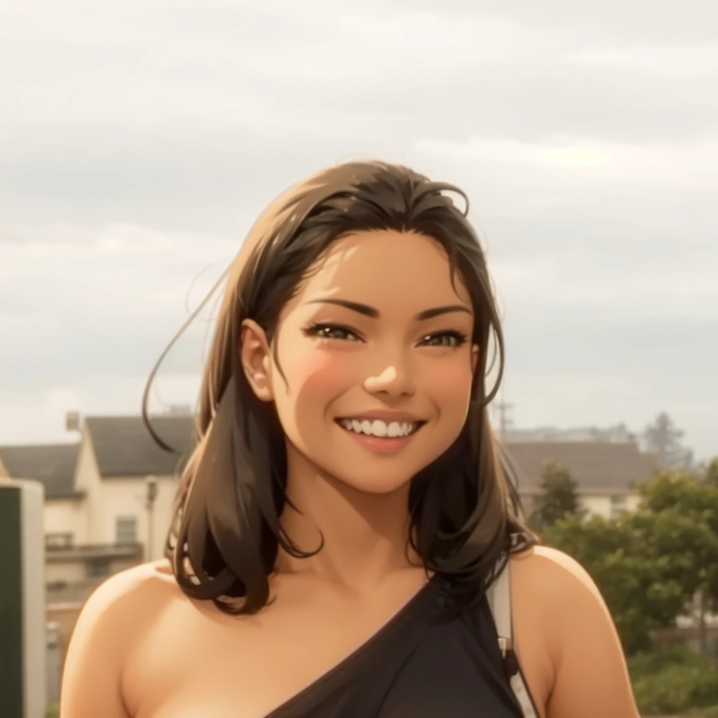 Anime looking girl with black hair smiles