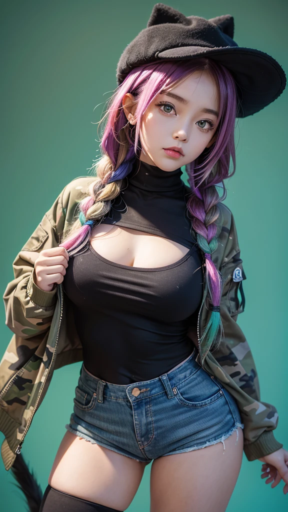 A 10 year old girl with mix vibrant colorful hair braided, large breasts covered, large curvy hips, wearing a black cat hat, is posing for the camera. Her gorgeous eyes are looking upwards to her left with a soft expression. She has visible tattoos on her arms and face. She's dressed in a green camouflage jacket with a black top and jean short. The background is plain with no detail, ultra hd, 4k detailed