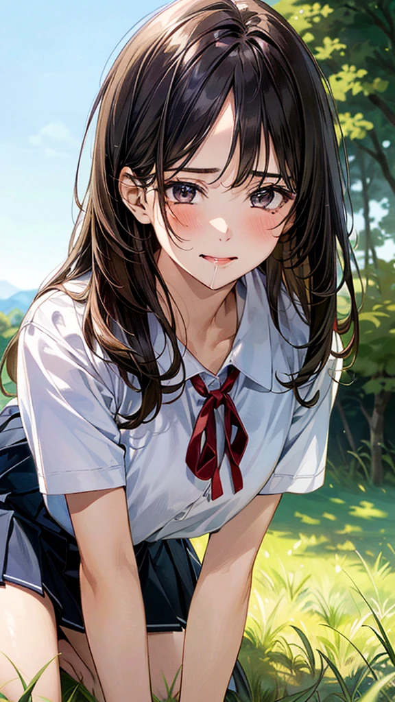 (masterpiece:1.2, top-quality, ultra high res, ultra detailed), (realistic, photorealistic:1.4), beautiful illustration, (natural side lighting, movie lighting),
looking at viewer, (face focus, upper body), 1 girl, japanese, high school dirl, perfect face, (perfect anatomy), cute and symmetrical face, baby face, shiny skin, slender
(long hair:1.5, straight hair:1.2, sark brown hair), parted bangs, grey eyes, long eye lasher, (medium breasts),
beautiful hair, beautiful face, beautiful detailed eyes, beautiful clavicle, beautiful body, beautiful chest, beautiful thigh, beautiful legs,
((detailed cloth texture, short sleeve white collared shirts, navy blue pleated mini skirt, red neck ribbon), , ,
(beautiful scenery), hands on chest, (lovely smile, upper eyes),
In a grassy field, a girl is on all fours, and a big dog is behind her, grabbing her waist with its paws and holding her close to the lower half of her body.
Her face is bright red and flushed, her mouth is open, and she looks like she is about to cry.
She is wearing a very short skirt.