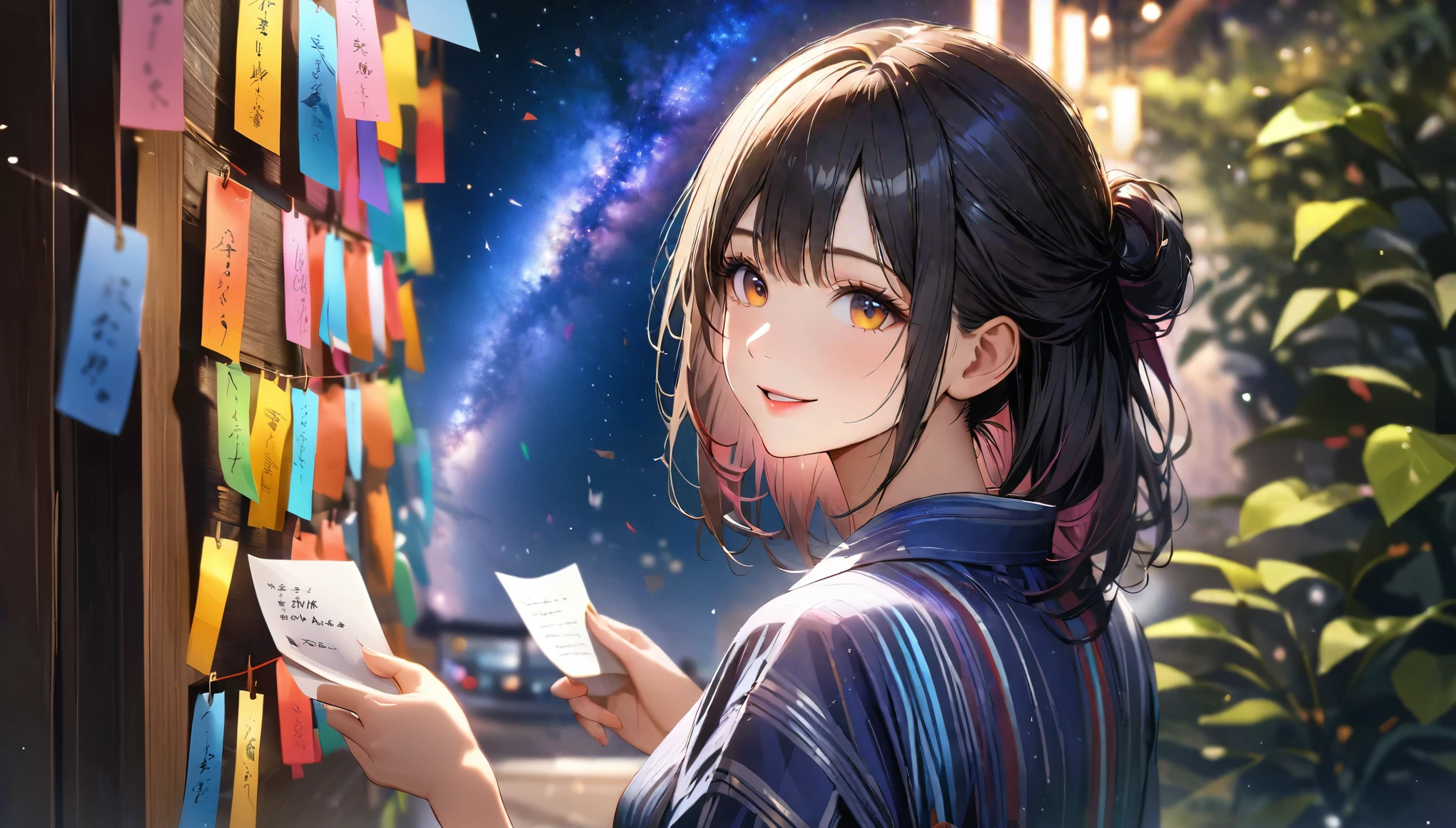 Tanabata,night, milky way,Yukata, Hold a paper strip in one hand,Looking at the sky,Blur the background,high school girl,smile,Glitter effect,Highest quality, 8K, High resolution, masterpiece:1.2, Very detailed, Realistic:1.37, High resolution, 超High resolution, Ultra-fine painting, Very detailed, Professional, Vibrant colors