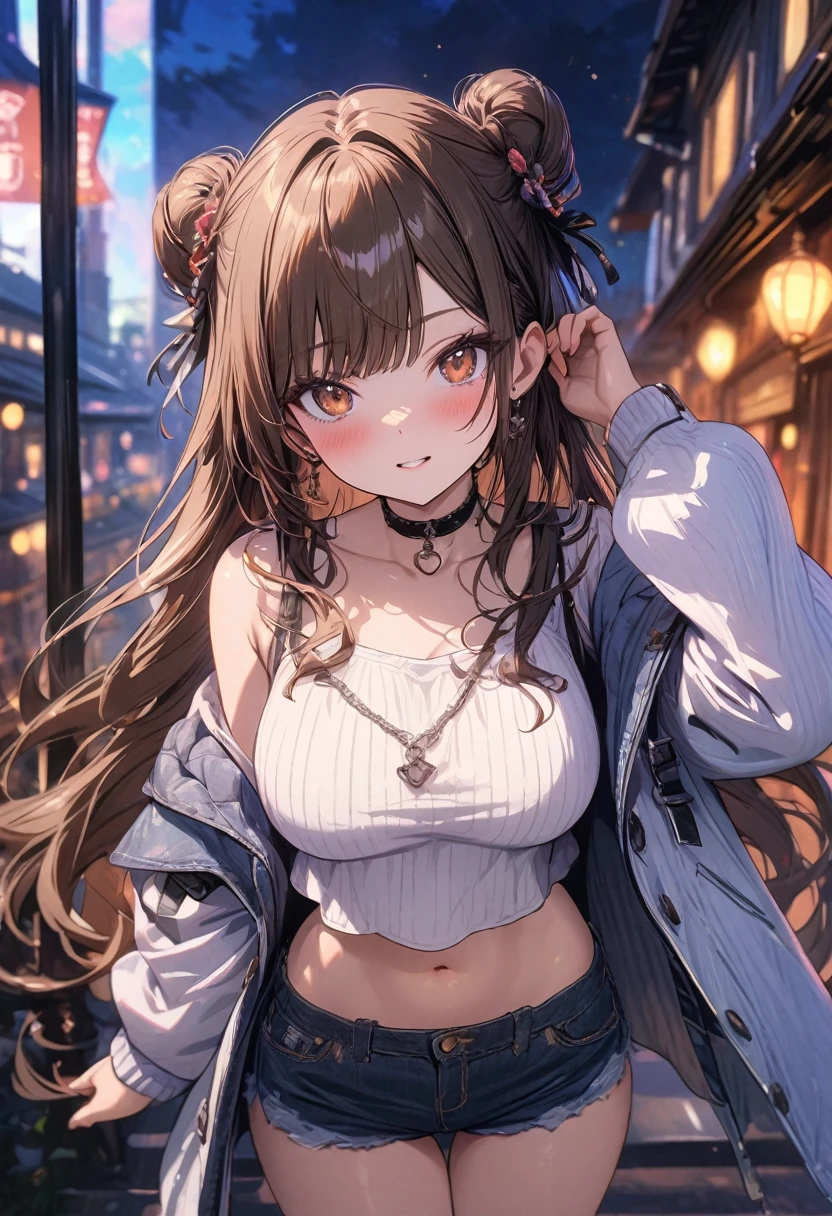 (masterpiece), best quality, very aesthetic, newest, absurdres, detailed, high quality
BREAK
highest quality, top quality, details, highres, ultra fine painting, digital art, official art, cinematic, 4k, 8k resolution, 8K CG wallpaper, CG, original artwork, detailed background, colorful background, blue atmosphere, High Dynamic Range, blurry background, blue hour, Starburst effects, crepuscular rays, good ISO, high resolution, wide shot, from far away, RAW photo, POV, sharp focus, light reflection, reflections, intricate details, soft light, particle noise, professional photography, bokeh, depth of field, natural lighting, vibrant colors, looking away, detailed lights and shadows, stylish, ultra-detailed, top rated on Pixiv, trending on Artstation, niji style, modern-days, master crafted, pose
BREAK
solo, (close up), 1girl, pale skin, correct fingers, detailed hand, (big breasts:1.2), big thighs, small torso, short body, flushtered, blush, anxious expression, embarassed, embarassed act, casual, slim, ((cute, childlike face):1.3), nice hips, nice body, brown hair, (very long flowing hair), (big 2 buns hairstyle)), long bangs, long hair, middle hair bangs, brown eyes
BREAK
(loose-fitting crop shirt, long sleeve, denim shorts, choker, casual wear style, tummy skin, modern fashion)
BREAK
Empty streets background, anime background, quiet street, street lamps, sky