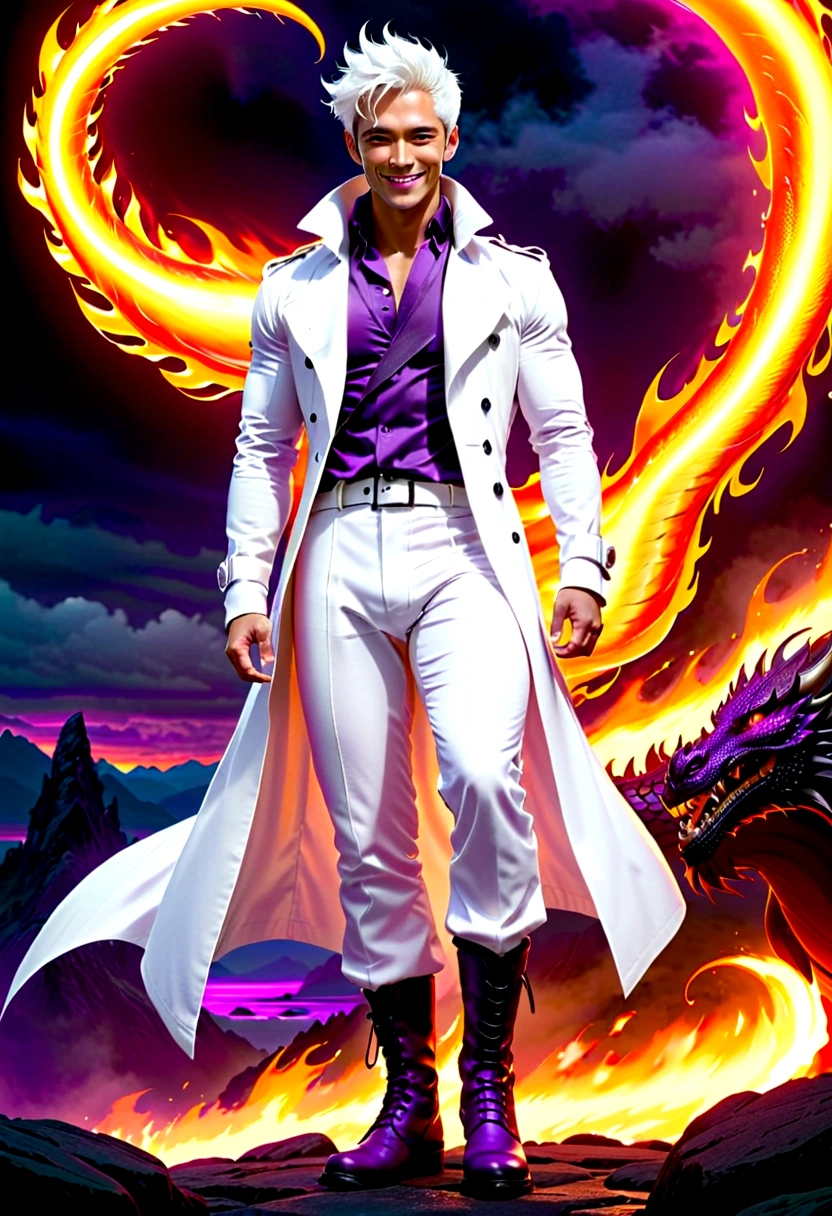 Muscle Man, Solitary, White trench coat, White trousers, White hair, Black hair, A man who looks Japanese, Dragon Horn, Purple combat boots, Smile, Dark brown eyes, Fantasy Landscape, Flame through the darkness.