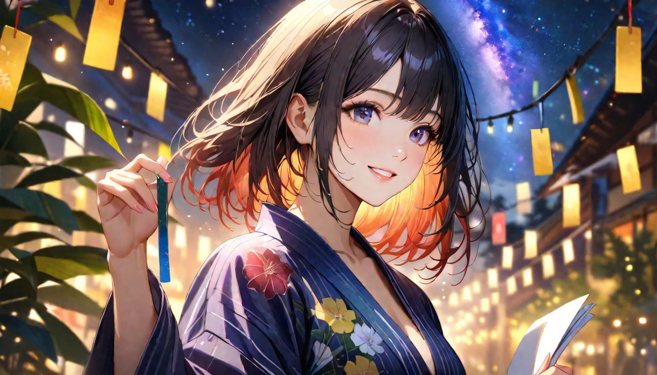 Tanabata,night, milky way,Yukata, Hold a paper strip in one hand,Looking at the sky,Blur the background,high school girl,smile,Glitter effect,Highest quality, 8K, High resolution, masterpiece:1.2, Very detailed, Realistic:1.37, High resolution, 超High resolution, Ultra-fine painting, Very detailed, Professional, Vibrant colors