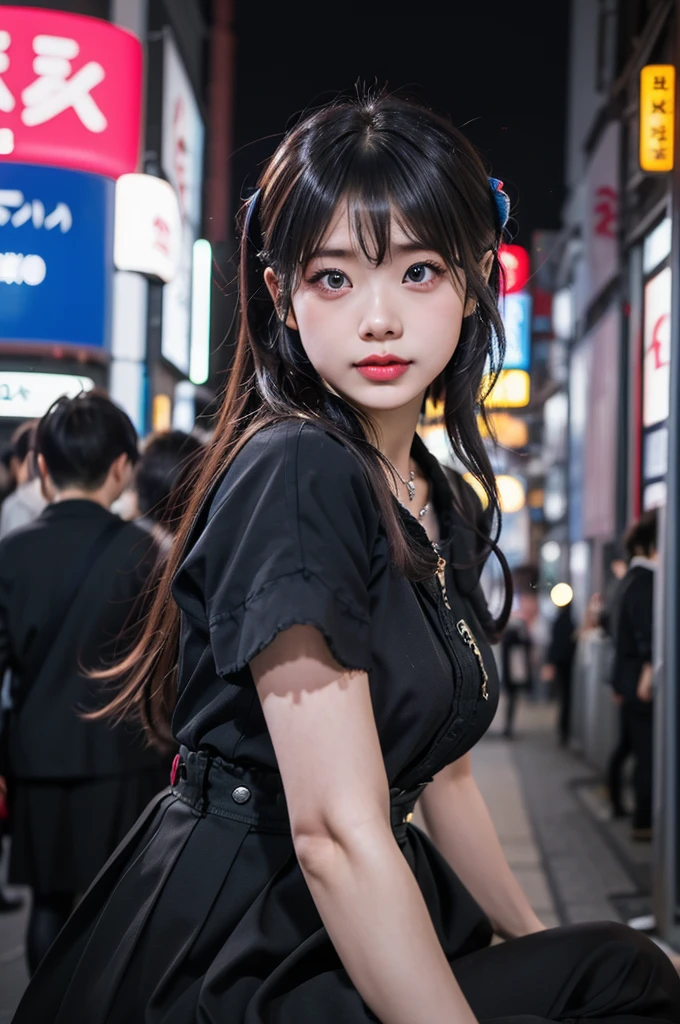 (Surreal, High resolution), (One Girl), (Very detailed美しい顔), Great face and eyes, (Highest quality:1.4), (Super detailed), (Very detailed CG 統合 8k 壁紙), Very detailed, High resolutionRAWカラー写真, Professional photography, Realistic portraits, Great face and eyes, Pink Eyes, (Fashion in Tokyo Kabukicho:1.3), (Fashion in Tokyo Kabukicho:1.2), , Brown Hair,  Depth of written boundary, Midnight Kabukicho (squat:1.1), (:1.4), (((Bokeh))), Depth of written boundary, (View from below:1.15),Wearing a black mask