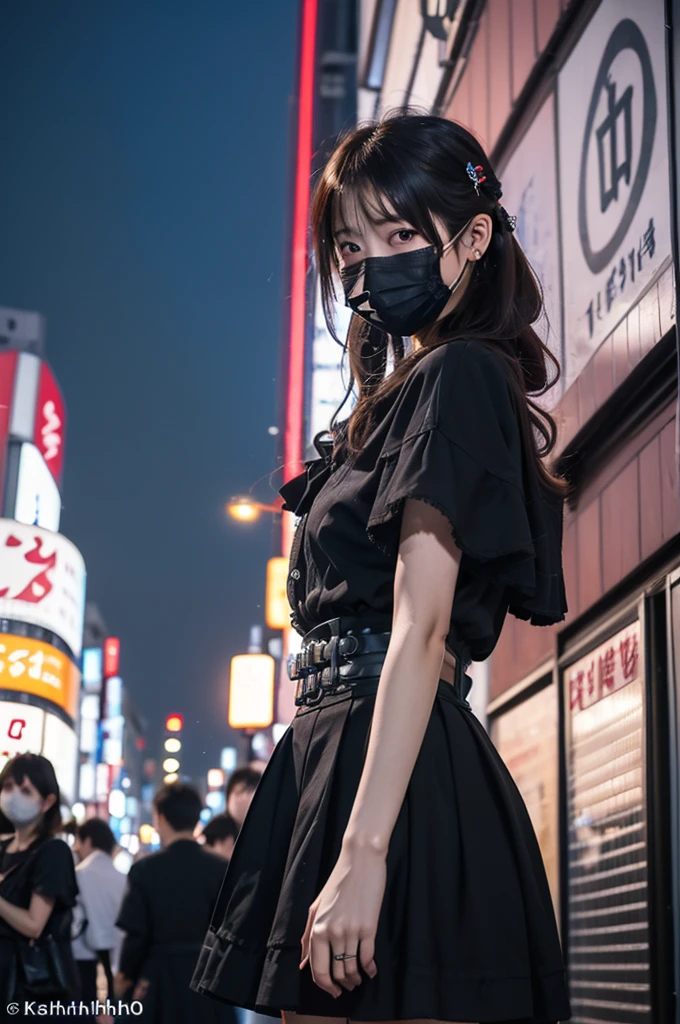(Surreal, High resolution), (One Girl), (Very detailed美しい顔), Great face and eyes, (Highest quality:1.4), (Super detailed), (Very detailed CG 統合 8k 壁紙), Very detailed, High resolutionRAWカラー写真, Professional photography, Realistic portraits, Great face and eyes, Pink Eyes, (Fashion in Tokyo Kabukicho:1.3), (Fashion in Tokyo Kabukicho:1.2), , Brown Hair, Depth of written boundary, Midnight Kabukicho (squat:1.1), (:1.4), (((Bokeh))), Depth of written boundary, (View from below:1.15),Wearing a black mask