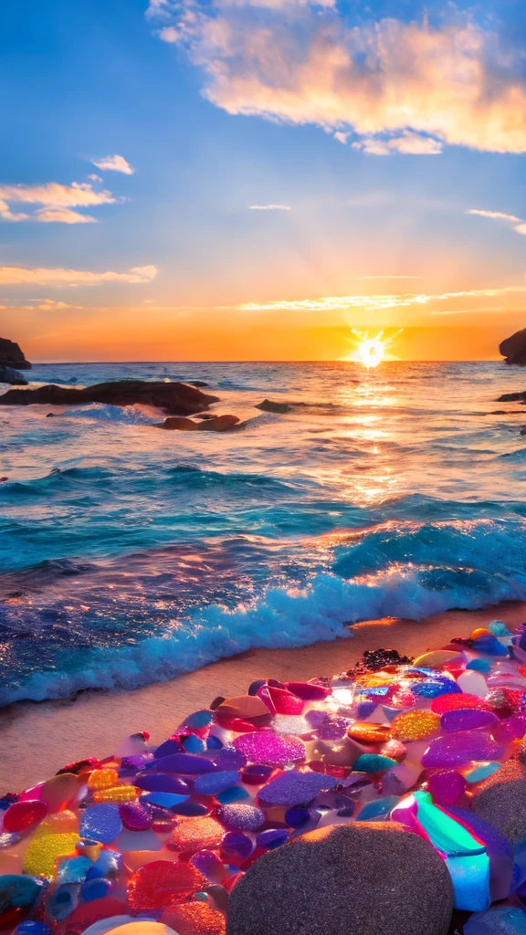 "Beautiful coast、Sunset、A fantastic landscape with colorful round and oval stones and marbles scattered around"