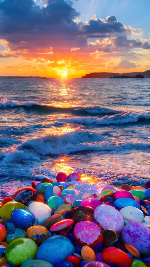 "Beautiful coast、Sunset、A fantastic landscape with colorful round and oval stones and marbles scattered around"