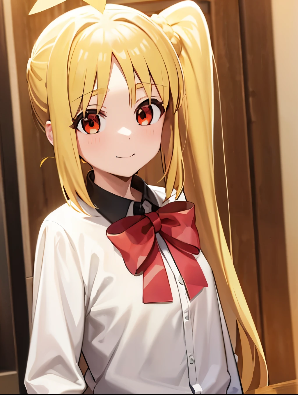 blonde_hair, long_hair, bangs, side_ponytail, look at viewer, ahoge, red_eyes, bow, red_bow, smile mouth, face of happiness 