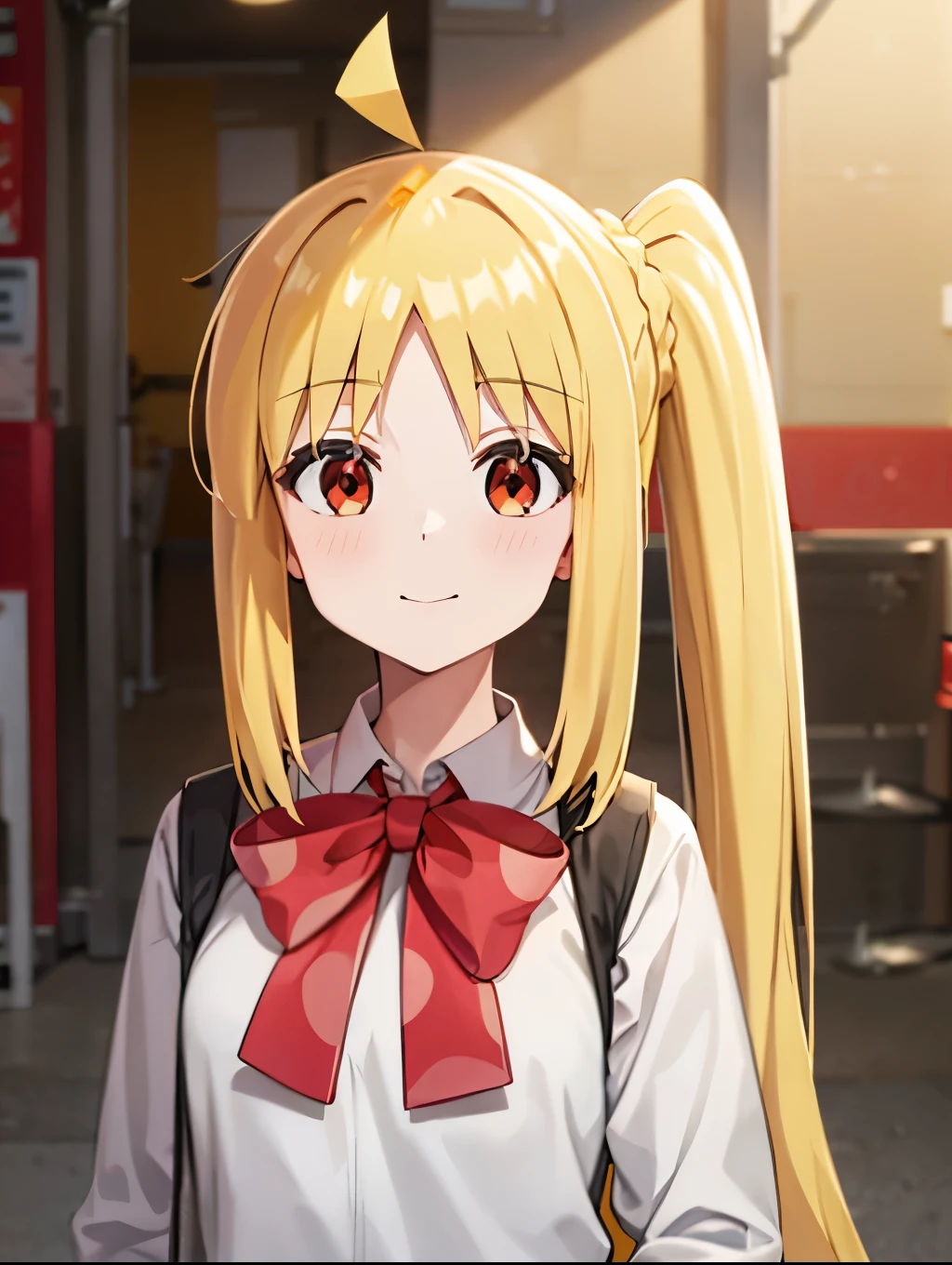 blonde_hair, long_hair, bangs, side_ponytail, look at viewer, ahoge, red_eyes, bow, red_bow, smile mouth, face of happiness 