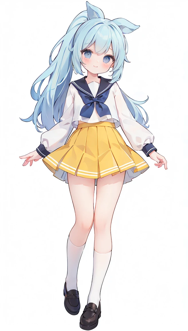 masterpiece, best quality, high resolution, white simple background, standing, ponytail, slim waist, cute, sailor uniform, yellow skirt, knee high long socks, (Pastel Colors: 1.23), full body, gently smile