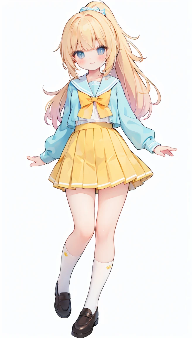 masterpiece, best quality, high resolution, white simple background, standing, ponytail,  slim waist, cute, sailor uniform, yellow skirt, knee high long socks, (Pastel Colors: 1.23), full body, gently smile