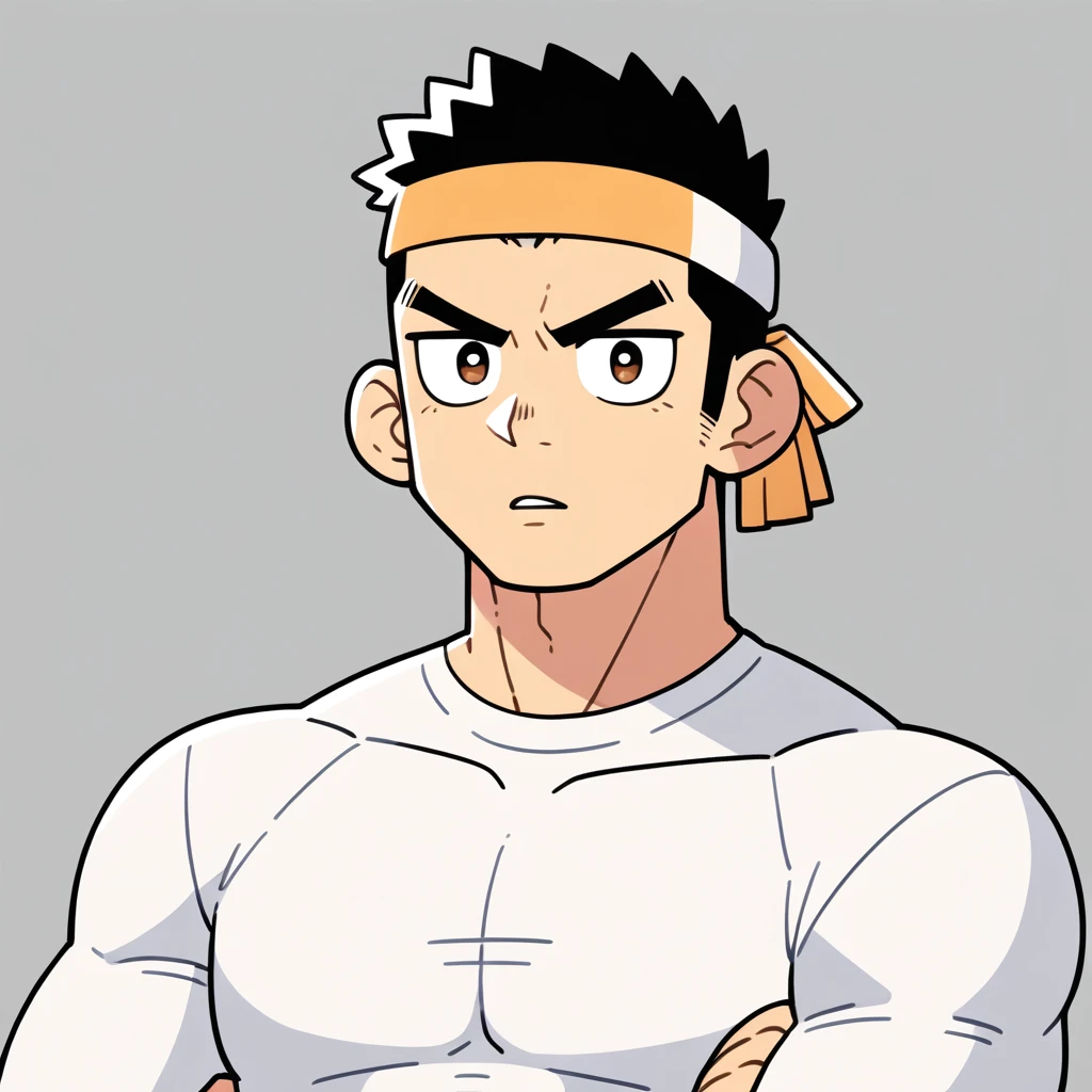 anime characters：Gyee, Muscle Sports Student, Manliness, sports headband, male focus, Cute boy with big eyes, Mike WHite high collar long sleeve tight T-shirt, Slightly transparent material, Very tight, Round, full and perky chest muscles, Slightly transparent, muscular male, muscular, only, Upper body, alone, Black short hair, Thick eyebrows, stubble, Cute little eyes, Brown pupils, Grey background, simple background, amazing quality, best aesthetics, Ridiculous, crew cut, parted lips, v-shaped eyebrows, jitome, drop shadow, best quality