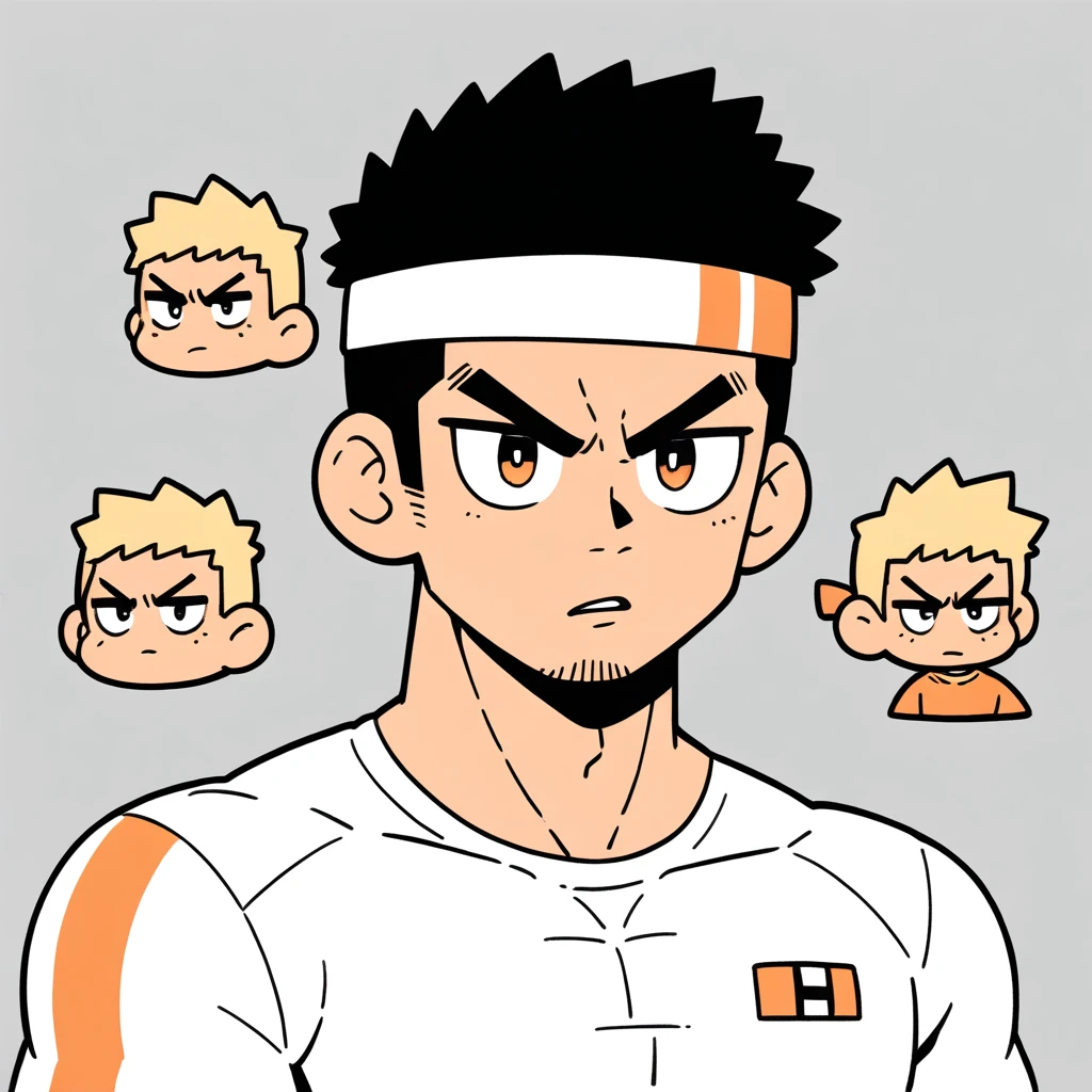 anime characters：Gyee, Muscle Sports Student, Manliness, sports headband, male focus, Cute boy with big eyes, Mike WHite high collar long sleeve tight T-shirt, Slightly transparent material, Very tight, Round, full and perky ????? muscles, Slightly transparent, muscular male, muscular, only, Upper body, alone, Black short hair, Thick eyebrows, stubble, Cute little eyes, Brown pupils, Grey background, simple background, amazing quality, best aesthetics, Ridiculous, crew cut, parted lips, v-shaped eyebrows, jitome, drop shadow, best quality