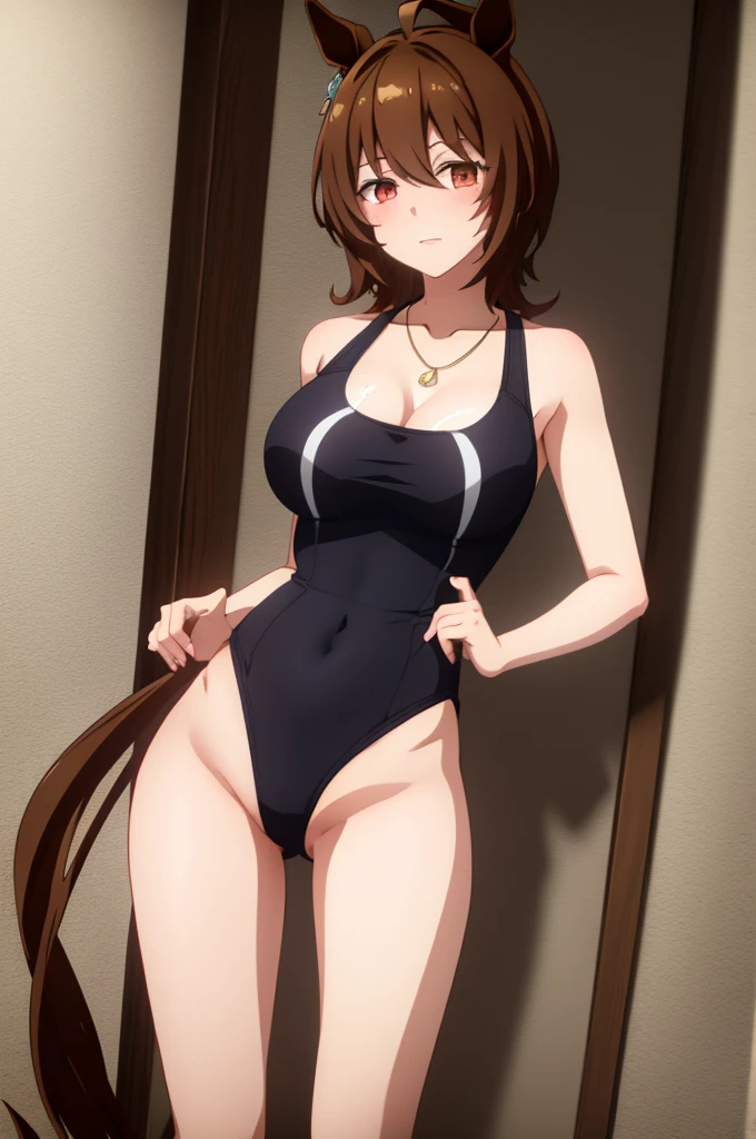masterpiece, best quality, agens tachyon \(umamusume\), solo, cowboy shot, horse girl, horse tail, brown hair, red eyes, gray banded ribby one piece swimsuit with side cutout, 1girl, solo, jewelry, necklace, one-piece swimsuit, swimsuit, Swimsuit with wide open chest, head out of frame, brown hair, Wide pelvis, scrawny:1.7, Big breasts, Large breasts, Erect nipples, Vagina line, Cameltoe, swimsuit, beautiful face, Full body standing, (Semen overflowing from the cleavage), (((A large amount of semen attached to the whole body))), ((Grabbing with breasts hands)), Get blush,