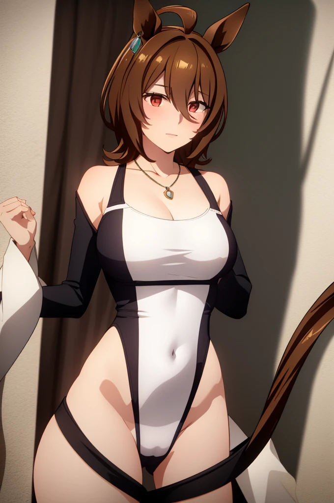 masterpiece, best quality, agens tachyon \(umamusume\), solo, cowboy shot, horse girl, horse tail, brown hair, red eyes, gray banded ribby one piece swimsuit with side cutout, 1girl, solo, jewelry, necklace, one-piece swimsuit, swimsuit, Swimsuit with wide open chest, head out of frame, brown hair, Wide pelvis, scrawny:1.7, Big breasts, Large breasts, Erect nipples, Vagina line, Cameltoe, swimsuit, beautiful face, Full body standing, (Semen overflowing from the cleavage), (((A large amount of semen attached to the whole body))), ((Grabbing with breasts hands)), Get blush,