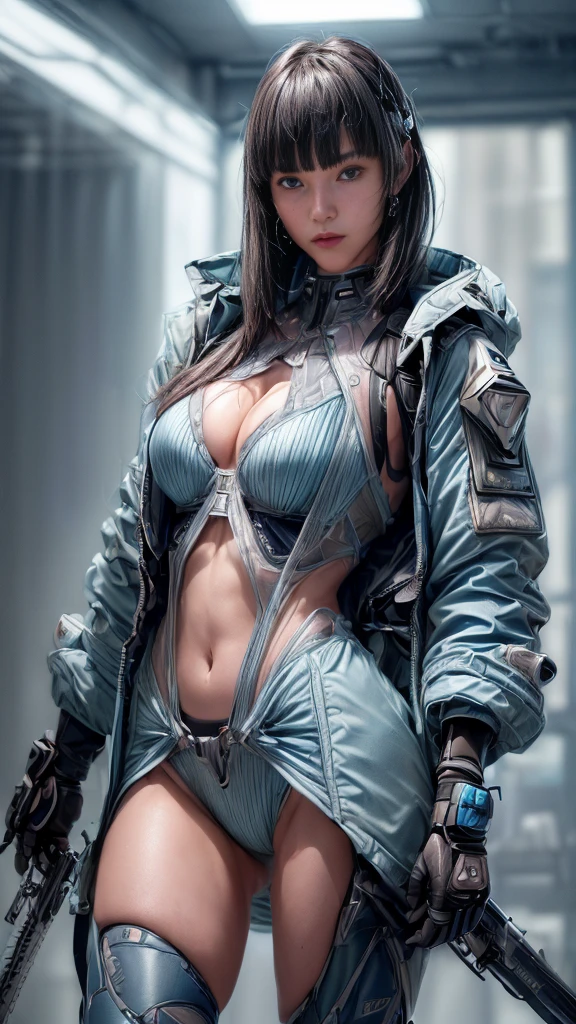 ((((In combat:1.4))))、(Browsing Caution:1.2)、((Too much exposed skin))、Very beautiful woman、Slender women、(Detailed face)、Realistic Skin、((Delicate photo)),(Girl masterpiece RAW photo details:1.25), (Highest quality:1.6), (Ultra-high resolution:1.5), (Realistic:1.75), 8K resolution, Canon EOS R5, 50mm, Absurd, Super detailed,Cinema Lighting、One Girl, 白hair,((princess_cut))、smile、 Window Shades,((Super tight light blue jacket coat)), Chest Rig, cyber punk, ((Techwear)),I can see your abs、Good top、((Big Breasts))、((The abdomen is visible))、(((Very subtle and futuristic design)))、((sexy wedgie))、((logo))、((Characters on clothing))、((With the weapons of the future))、((Posing))、(((blunt bangs)))