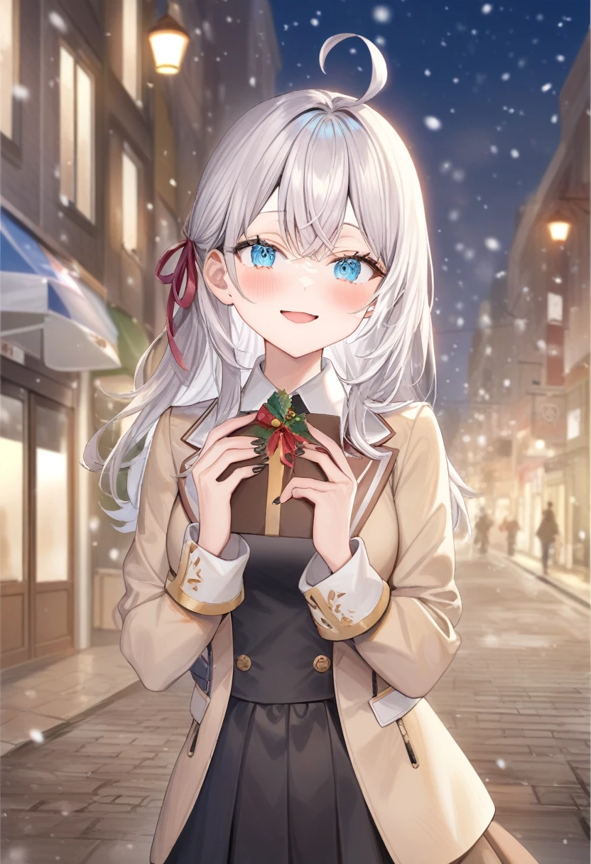 One girl,  Alisa Mikhailovna Kujo,Tomorrow, my friend, Arya-san, will be visiting Russia.,alone, Long Hair, Eyebrows visible through hair, Hair between the eyes, Silver Hair, Hair Ribbon, blue eyes, Medium chest, ,Long sleeve, Jacket,
View your viewers, 
Highest quality, so beautiful, Snowing street