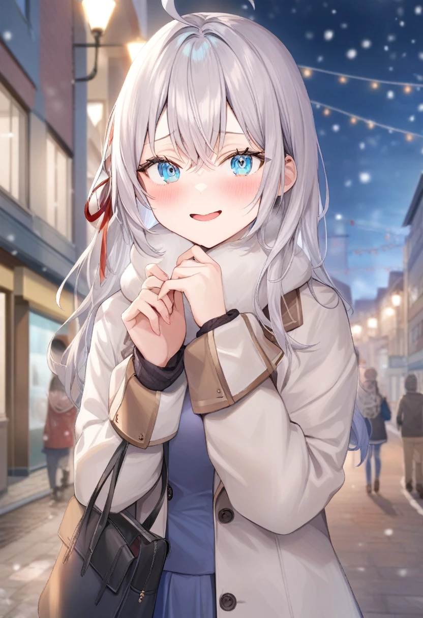 One girl, Alisa Mikhailovna Kujo,Tomorrow, my friend, Arya-san, will be visiting Russia.,alone, Long Hair, Eyebrows visible through hair, Hair between the eyes, Silver Hair, Hair Ribbon, blue eyes, Medium chest, ,Long sleeve, Jacket,
View your viewers,
Highest quality, so beautiful, Snowing street