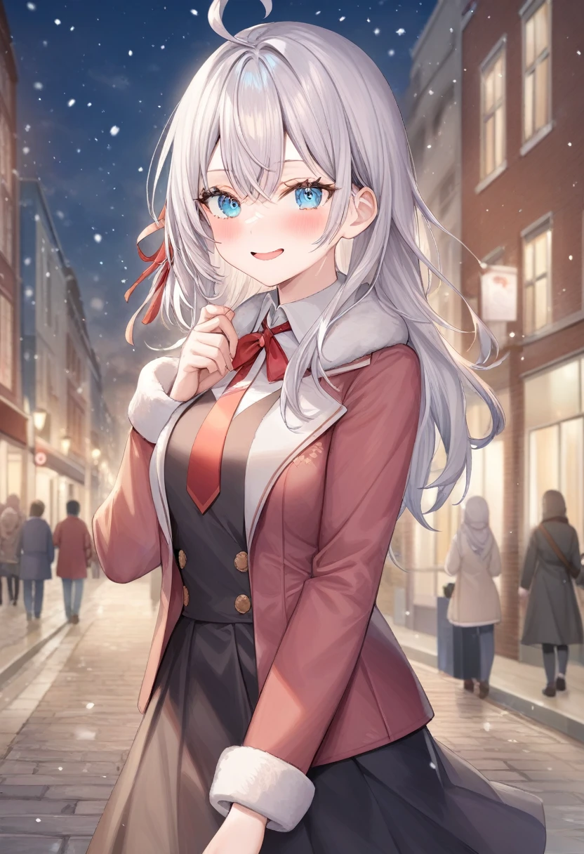 One girl, Alisa Mikhailovna Kujo,Tomorrow, my friend, Arya-san, will be visiting Russia.,alone, Long Hair, Eyebrows visible through hair, Hair between the eyes, Silver Hair, Hair Ribbon, blue eyes, Medium chest, ,Long sleeve, Jacket,
View your viewers,
Highest quality, so beautiful, Snowing street