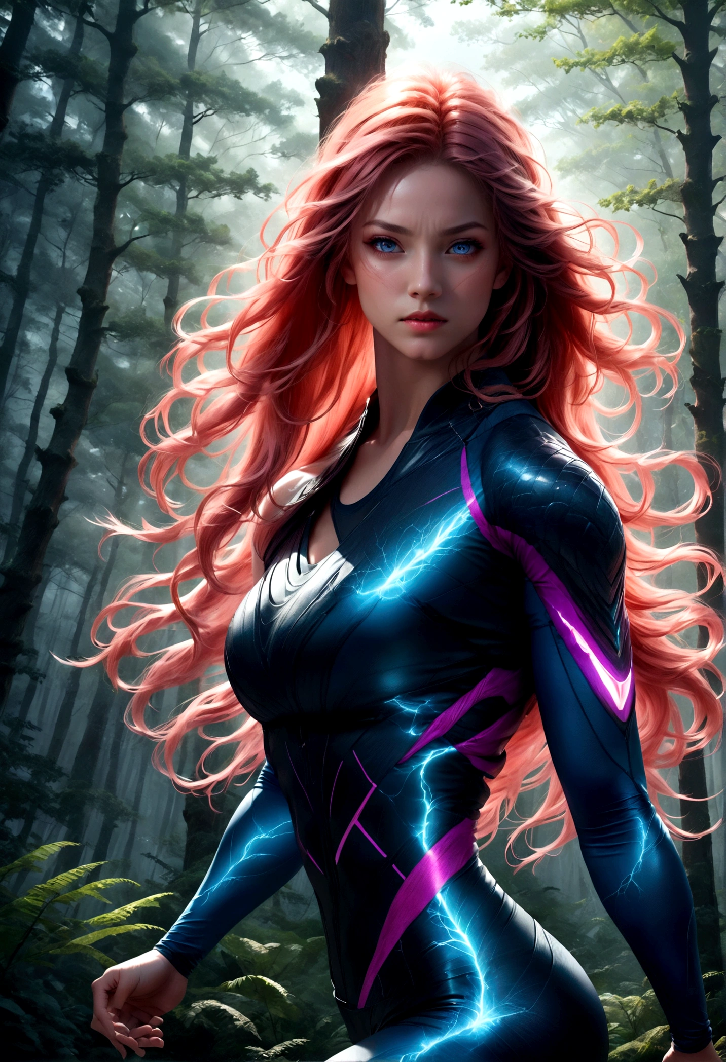 1girl, Athlete, a muscular athletic girl, dynamic athletic pose, athletic wear, detailed facial features, long hair flowing, outdoor forest nature background, dramatic lighting, cinematic composition, 8k, highest quality, intricate details, vibrant colors, masterpiece, best quality, very aesthetic, absurdres