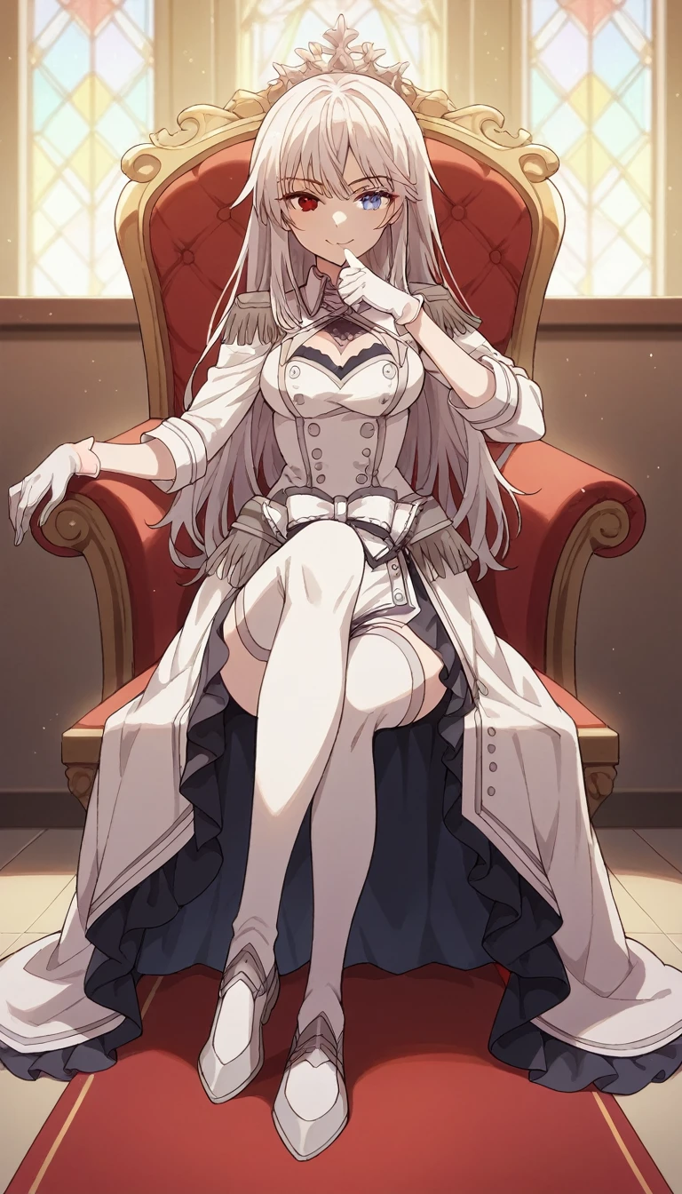 1girl, solo, full length, long hair, loose hair, medium breasts, looking at viewer, legs, hand, bangs, smile, heterochromia, red eyes, blue eyes, sitting, arrogant smile, legs, stockings, gloves, cleavage, indoors, on the throne, closed mouth, heterochromia, crossing legs, hand raised to mouth, one leg lies on the other, pov white stockings, white gloves,