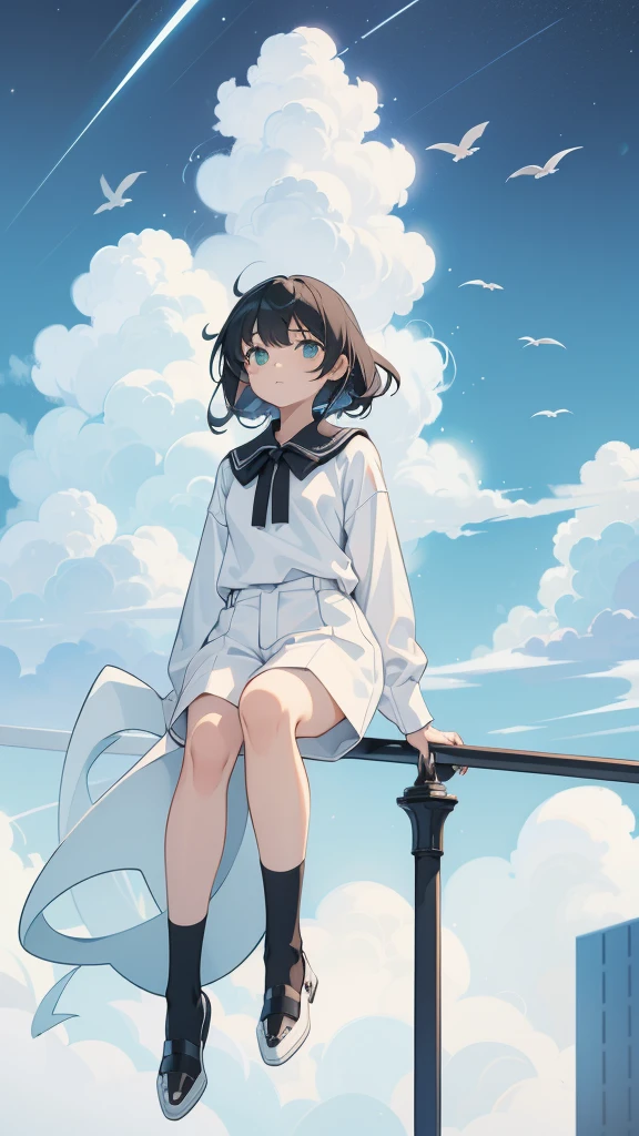 masterpiece, Exquisite detail,Highest quality, One girl, alone, handrail, cloud, Looking up at the buildings,Long Hair, NULL, Long sleeve, Power lines, White footwear, Black Hair, View your viewers, Electric pole, bangs, cloudy NULL, fish, bird, Green Eyes, Shorts, Day, Black Shirt, barefoot,Whale flying in the sky,Giant whale,night,star,milky way,night,Pitch black,Buildings,Sitting
