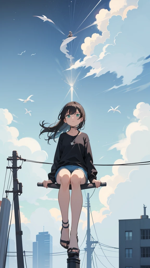 masterpiece, Exquisite detail,Highest quality, One girl, alone, handrail, cloud, Looking up at the buildings,Long Hair, NULL, Long sleeve, Power lines, White footwear, Black Hair, View your viewers, Electric pole, bangs, cloudy NULL, fish, bird, Green Eyes, Shorts, Day, Black Shirt, barefoot,Whale flying in the sky,Giant whale,night,star,milky way,night,Pitch black,Buildings,Sitting