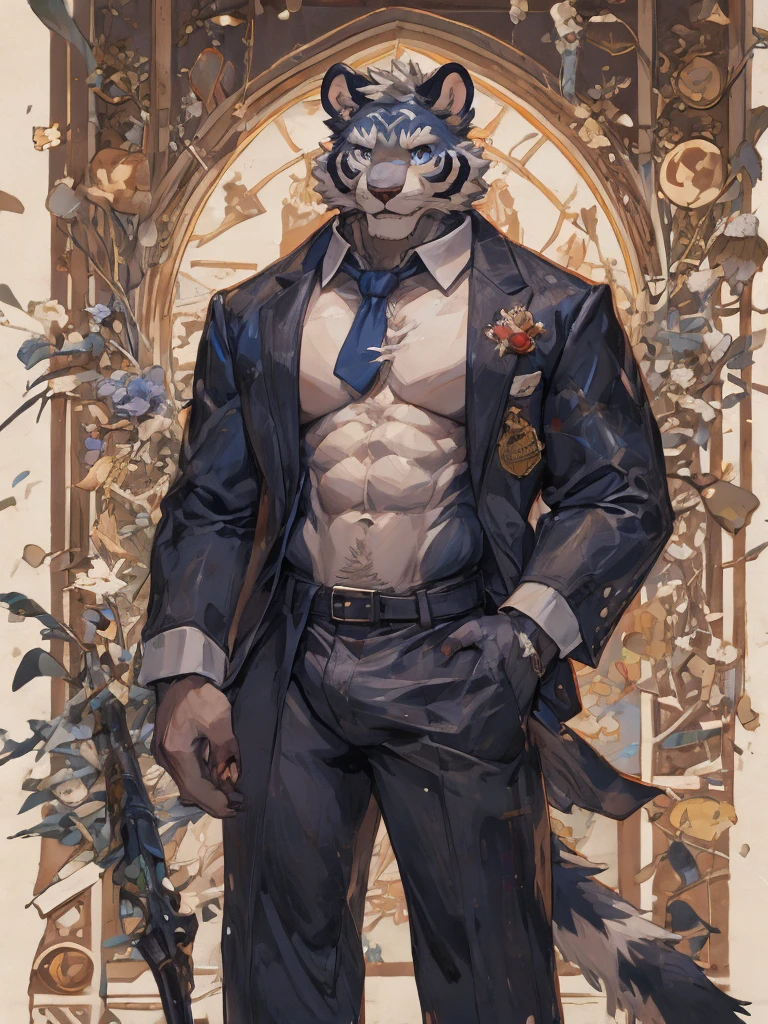 {{bara extremely handsome white tiger,}} {{white fur,}} white, wearing elegant ornate suit jacket, trousers, white dress shirt and necktie, white fluffy furry body and limbs, loafers, very tall, very broad shoulders, narrow waist, muscular arms, massive pecs, purple eyes, very long legs, massive bulge, sophisticated hot look, full body, 3/4 view, best quality, high quality, silver earring on left ear, sultry smirk, multiple views, character sheet