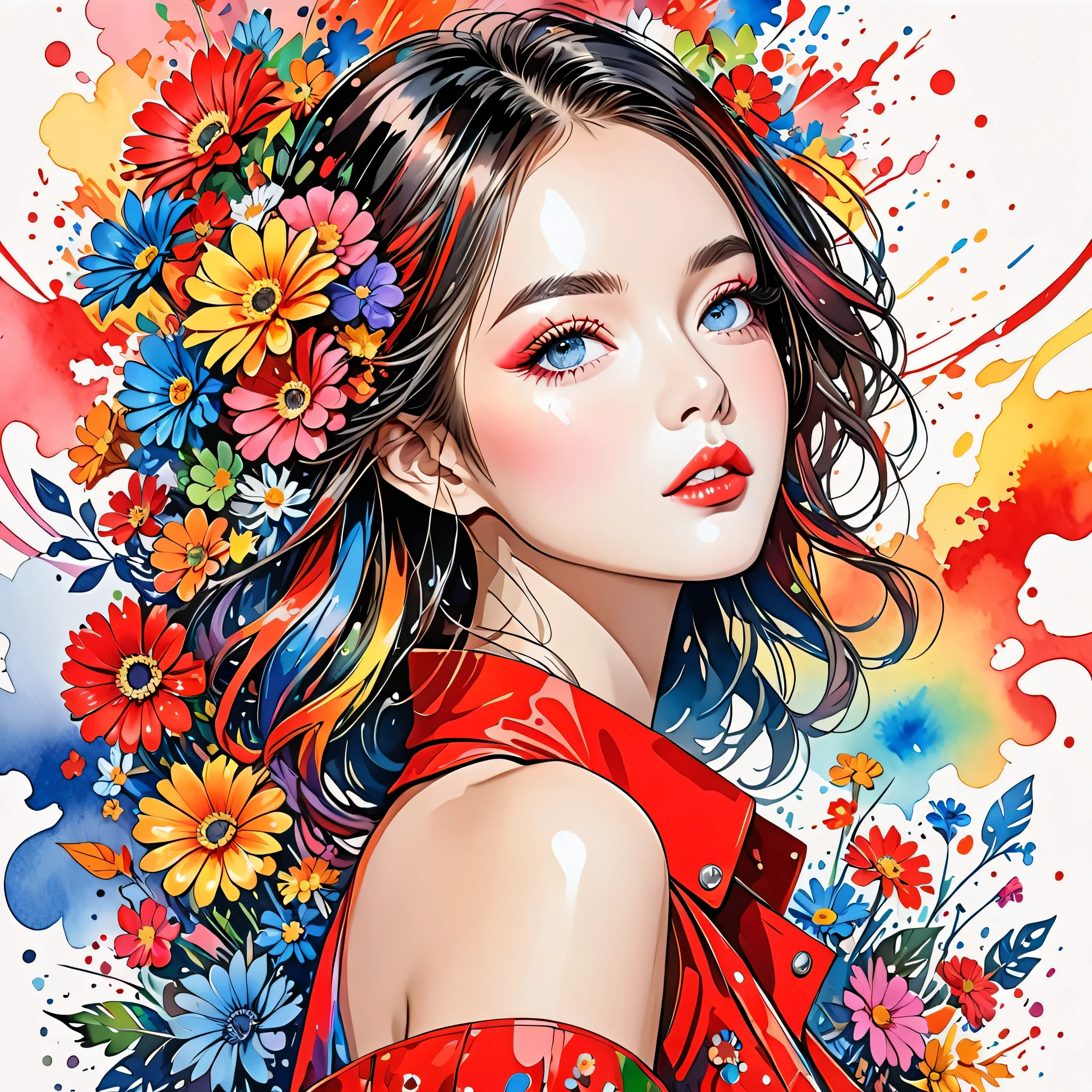 Black Star Red and White Style、(((stylish fashion))), 8K Quality、Intense watercolor, Detailed watercolor art, Watercolor splash, Surreal, avant-garde pop art, Beautiful and expressive paintings, Beautiful artwork illustration, Very colorful tones, wonderful, Cool beauty, highest quality、Official Art, Vector art, Stylish design, (((The most beautiful girl))), (((highest quality))), HDR, ((detailed)), (((Doodle Art)), ((masterpiece)), ((Super detailed)), (((Colorful flowers))),(((Stylish)))