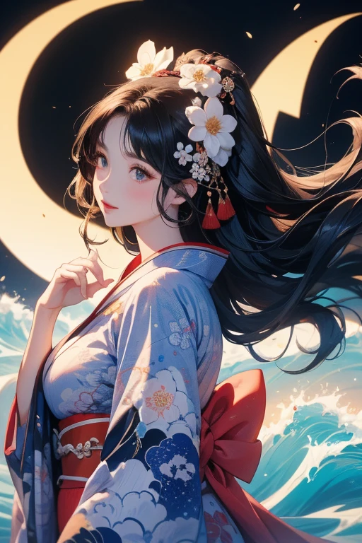 (Highest quality、masterpiece、High resolution、8K)、Ukiyo-e、Vibrant colors、Katsushika Hokusai、1 female、Long Black Hair、The kimono has a vivid floral pattern on a white background.、White waves and Mt. Fuji、Reddish Fuji、White waves, the moon and a woman、White waves, a boat and a woman、White waves, a woman and a seagull、Official Art、背景はUkiyo-e風