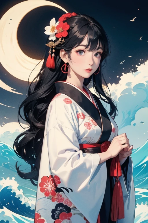 (Highest quality、masterpiece、High resolution、8K)、Ukiyo-e、Vibrant colors、Katsushika Hokusai、1 female、Long Black Hair、The kimono has a vivid floral pattern on a white background.、White waves and Mt. Fuji、Reddish Fuji、White waves, the moon and a woman、White waves, a boat and a woman、White waves, a woman and a seagull、Official Art、背景はUkiyo-e風