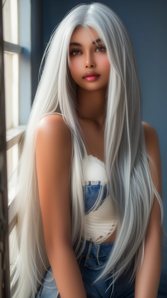 leogirl, cute dark skin 1girl, long tousled white hair, biting lips, seductive forward lean, delicate skin, delicate face, real, realistic, 1girl,white hair,blue background,upper body, (((dark skin))), (((white hair)))