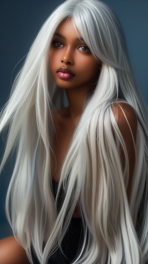 leogirl, cute dark skin 1girl, long tousled white hair, biting lips, seductive forward lean, delicate skin, delicate face, real, realistic, 1girl,white hair,blue background,upper body, (((dark skin))), (((white hair)))