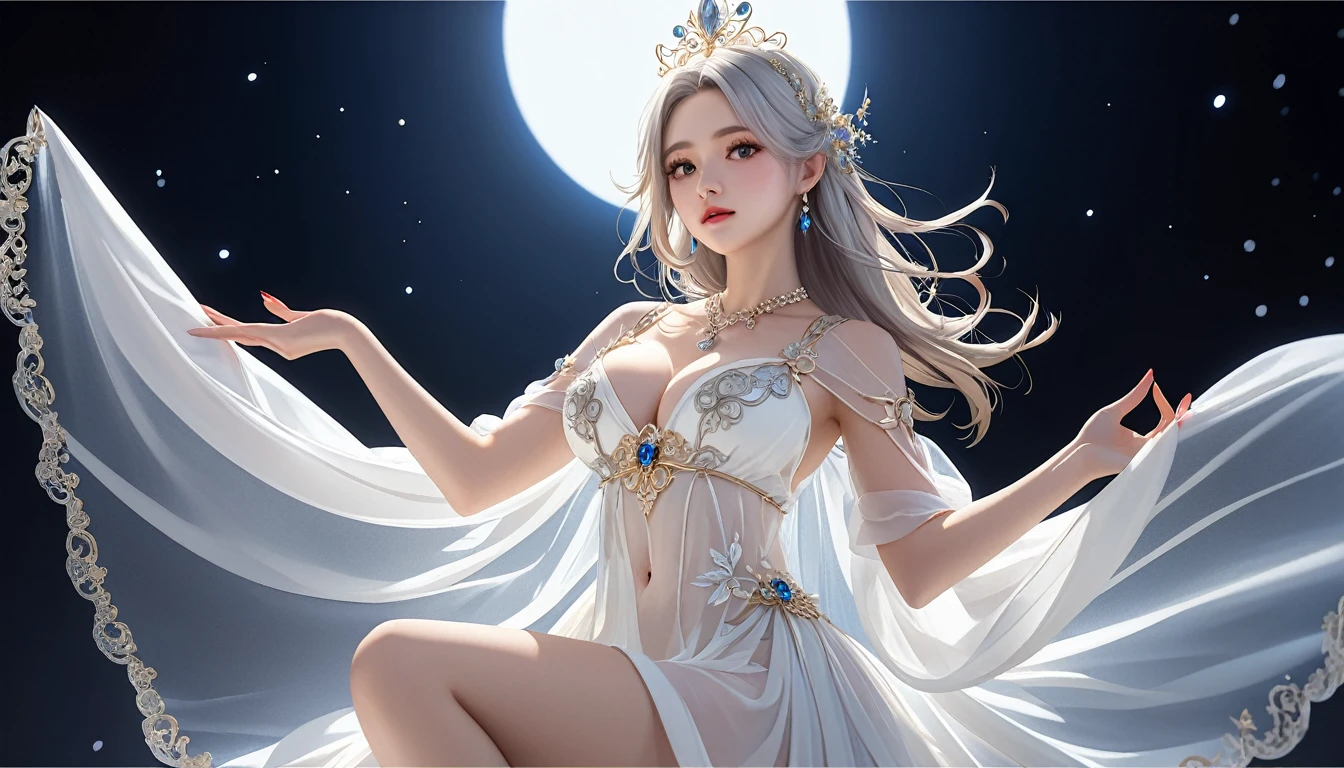 Woman in transparent dress,Viewer,(((Full breasts, Keeley University))),Slim waist,(Navel exposed,Bare waist), Long hair, extreme detailed details, Detailed fantasy art, Stunning character art, Beautiful and exquisite character art, Beautiful transparent dress, Very detailed, Girl wearing flowing Hanfu, Exquisite headpieces and jewellery,Crystal jewelry filigree, galaxy, Stunning visuals, (Dynamic Stripes, light rail:1.2), Vibrant colors,Long hair动漫女孩和狐狸, 美丽的白金色Angel女士, 白毛Angel, Beautiful character painting, Beautiful anime portrait, Angel翅膀的女孩, a beautiful Angel woman, Mystical artwork, Guweiz, by Ren Renfa, Angel, Large Breasts，Full breasts，Golden ratio figure，Perfect body，Ultra wide-angle shooting，Full body shot，Body close-up，Full body shot，Wearing a pleated tulle skirt，Soft anime illustration, Soft dark background，Fujifilm XT3 Clear focus, f 5.6, High Detail, Clear focus, Dramatic, (Wearing openwork clothing), (Looking at the audience:1.8), (Natural light), (Tempting)translucent, Good velvet quality, Compared, Divine Light,, Silver gray hair, Sky background, Absolute Strength,女性Angel，Girl in sexy silk,，Large Breasts，Full breasts，Golden ratio figure，Perfect body，Ultra wide-angle shooting，Full body shot，Body close-up，Full body shot， Wearing a tulle dress, Model shooting style, Large Breasts，Full breasts，Golden ratio figure，Perfect body，(Extremely detailed CG 8k wallpaper unit), The most beautiful artistic photos in the world, , 8K Ultra HD, ) On the big white bed，Lazy gesture，Charming and seductive expression，best quality,masterpiece,Ultra-high resolution,(Practical:1.4),original photo,Ultra-high resolution，White skin，Exquisite makeup，Long legs，Bright beautiful eyes，用深色眼影打造Exquisite makeup，