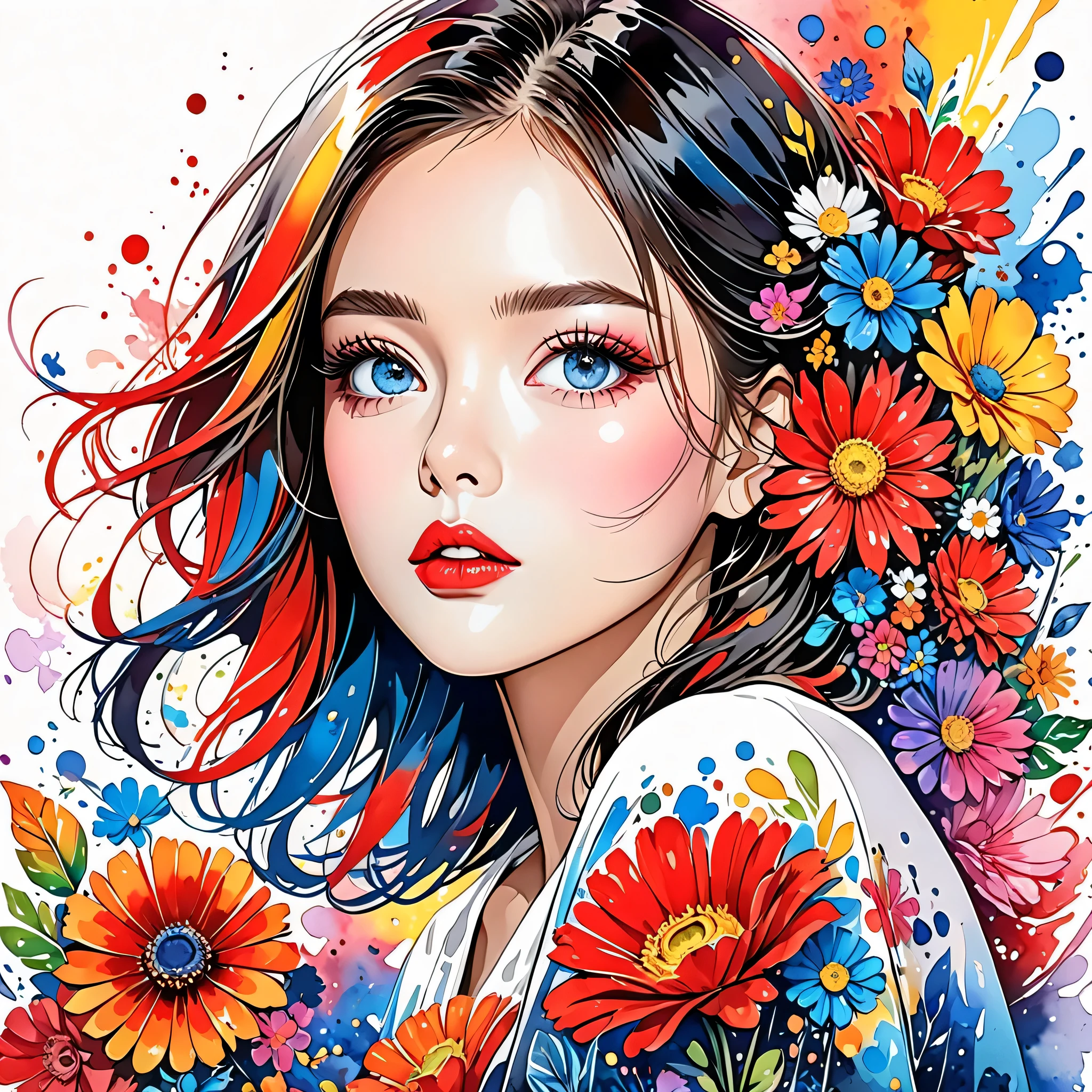 Black Star Red and White Style、(((stylish fashion))), 8K Quality、Intense watercolor, Detailed watercolor art, Watercolor splash, Surreal, avant-garde pop art, Beautiful and expressive paintings, Beautiful artwork illustration, Very colorful tones, wonderful, Cool beauty, highest quality、Official Art, Vector art, Stylish design, (((The most beautiful girl))), (((highest quality))), HDR, ((detailed)), (((Doodle Art)), ((masterpiece)), ((Super detailed)), (((Colorful flowers))),(((Stylish)))