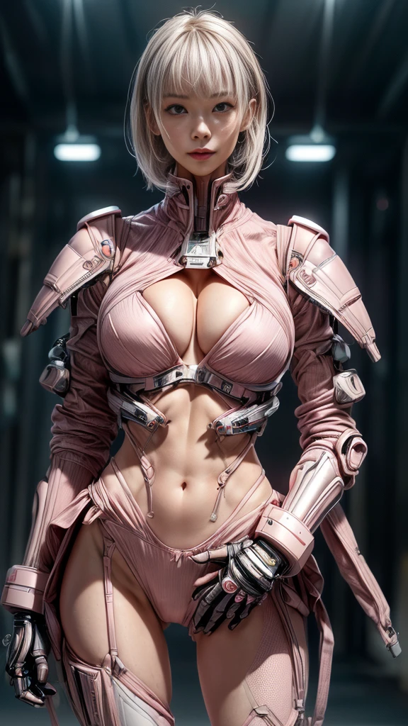 (nsfw:1.1)、Very beautiful woman、Slender women、(Detailed face)、Realistic Skin、((Delicate photo)),(Girl Masterpiece RAW Photo Details:1.25), (Highest quality:1.6), (Ultra-high resolution:1.5), (Realistic:1.75), 8K resolution, Canon EOS R5, 50mm, Absurd, Ultra-detailed,Cinema Lighting、One girl, White hair,((hime_cut))、Smile、 Window Shades,((Ultra tight pink jacket coat)), Chest Rig, cyber punk, ((Techwear)),I can see your abs、Bra Top、((Big Breasts))、((The abdomen is visible))、(((Ultra-delicate and futuristic design)))、Biting into the crotch、((logo))、((Text on clothing))、((Micro Size Underwear))、((With futuristic weapons))、(((Giant Gauntlet)))、(((asymmetrical bangessy hair))