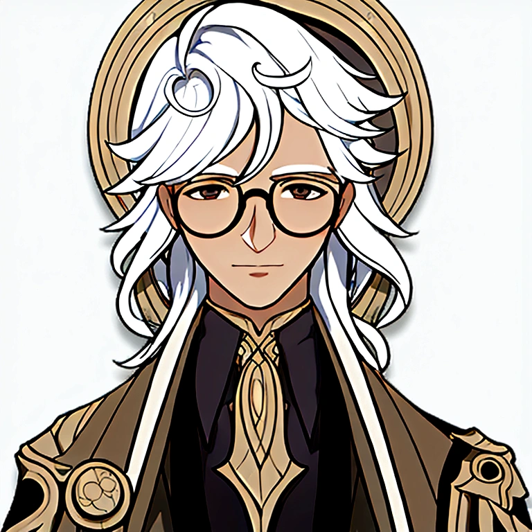 masterpiece, best quality, simple background, portrait, solo, 1man, 30 years old, long white hair, shineshal clothes, glasses, fragile build