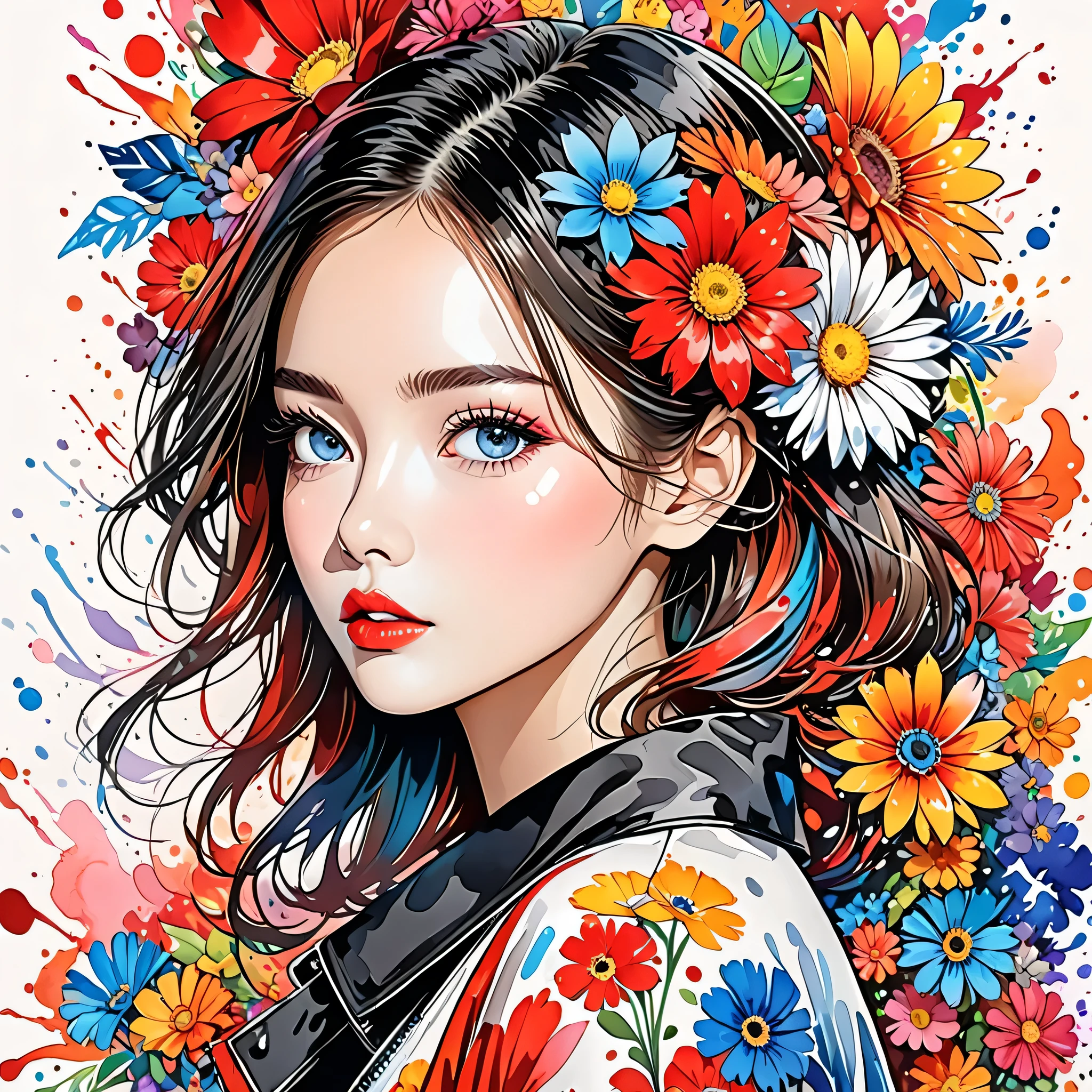 Black Star Red and White Style、(((stylish fashion))), 8K Quality、Intense watercolor, Detailed watercolor art, Watercolor splash, Surreal, avant-garde pop art, Beautiful and expressive paintings, Beautiful artwork illustration, Very colorful tones, wonderful, Cool beauty, highest quality、Official Art, Vector art, Stylish design, (((The most beautiful girl))), (((highest quality))), HDR, ((detailed)), (((Doodle Art)), ((masterpiece)), ((Super detailed)), (((Colorful flowers))),(((Stylish)))