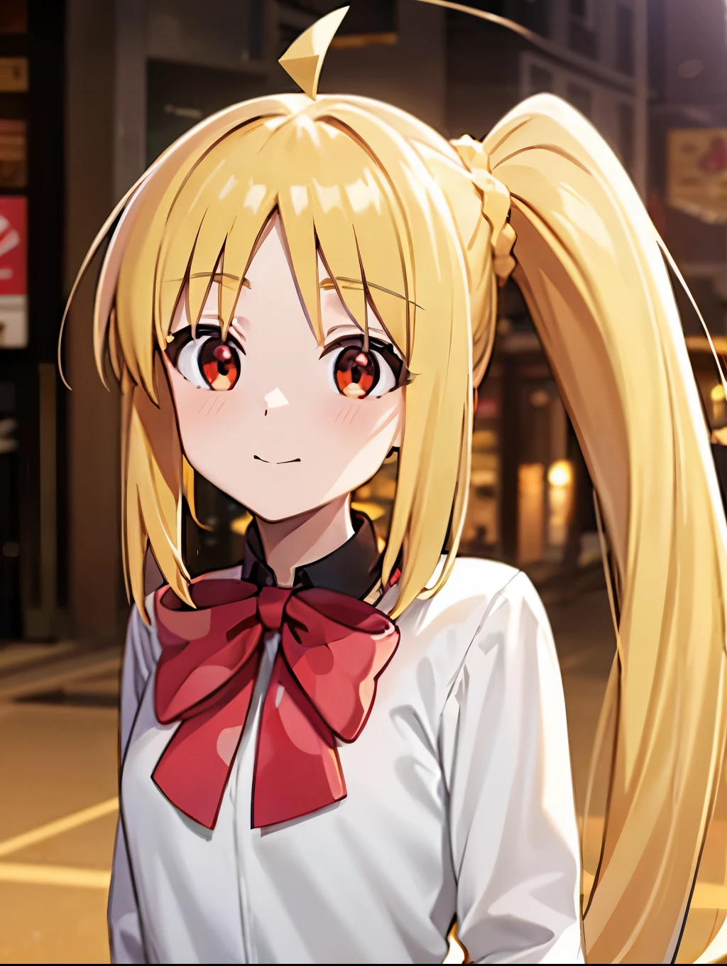 blonde_hair, long_hair, bangs, side_ponytail, look at viewer, ahoge, red_eyes, bow, red_bow, smile mouth, face of happiness 