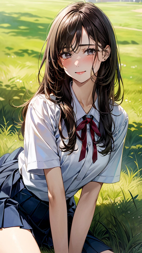 (masterpiece:1.2, top-quality, ultra high res, ultra detailed), (realistic, photorealistic:1.4), beautiful illustration, (natural side lighting, movie lighting), 
looking at viewer, (face focus, upper body), 1 girl, japanese, high school dirl, perfect face, (perfect anatomy), cute and symmetrical face, baby face, shiny skin, slender
(long hair:1.5, straight hair:1.2, sark brown hair), parted bangs, grey eyes, long eye lasher, (medium breasts), 
beautiful hair, beautiful face, beautiful detailed eyes, beautiful clavicle, beautiful body, beautiful chest, beautiful thigh, beautiful legs, 
((detailed cloth texture, short sleeve white collared shirts, navy blue pleated mini skirt, red neck ribbon), , , 
(beautiful scenery), hands on chest, (lovely smile, upper eyes), 

In a grassy field, a girl is on all fours, and a big dog is behind her, grabbing her waist with its paws and holding her close to the lower half of her body.
Her face is bright red and flushed, her mouth is open, and she looks like she is about to cry.
She is wearing a very short skirt.