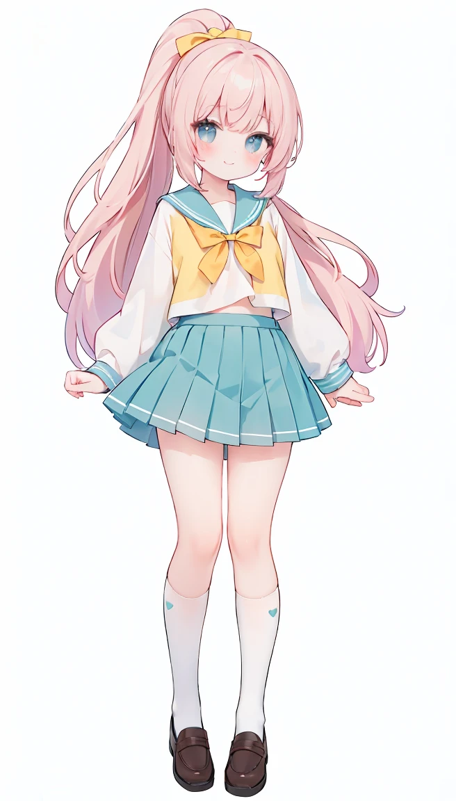 masterpiece, best quality, high resolution, 8k, white simple background, standing, ponytail, slim waist, cute, sailor uniform, yellow skirt, knee high long socks, (Pastel Colors: 1.23), full body, gently smile